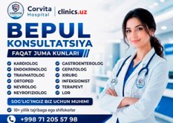 BEPUL shifokor konsultatsiyasi — har juma malakali mutaxassislar Corvita Hospital klinikasida qabul qiladi! BEPUL shifokor konsultatsiyasi — har juma malakali mutaxassislar Corvita Hospital klinikasida qabul qiladi!