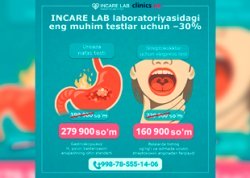 SKIDKA 30% — INCARE LAB laboratoriyasidagi eng muhim testlar uchun!