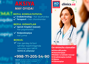 AKSIYA MAY OYIDA — HAR HAFTA BEPUL XIZMATLAR QORASU ALFA DIAGNOSTIC KLINIKASIDA!